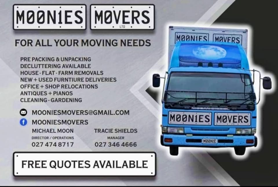 Moonies Movers promo banner with services and blue truck