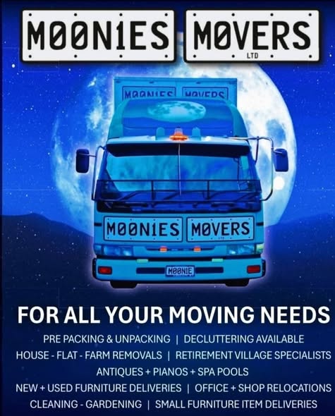 Moonies Movers night banner with moon graphic and truck